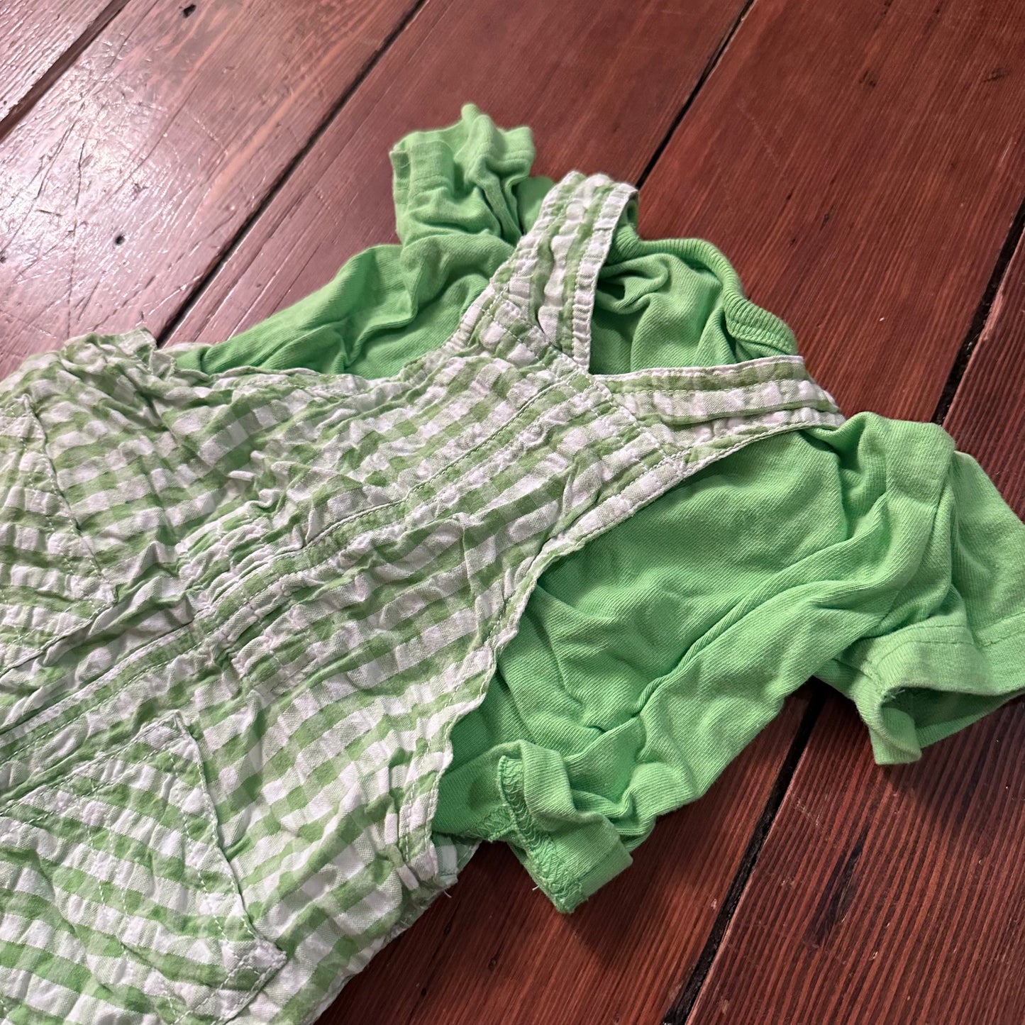 Vintage Green Gingham Overalls and Tee Set - 6-9 Months