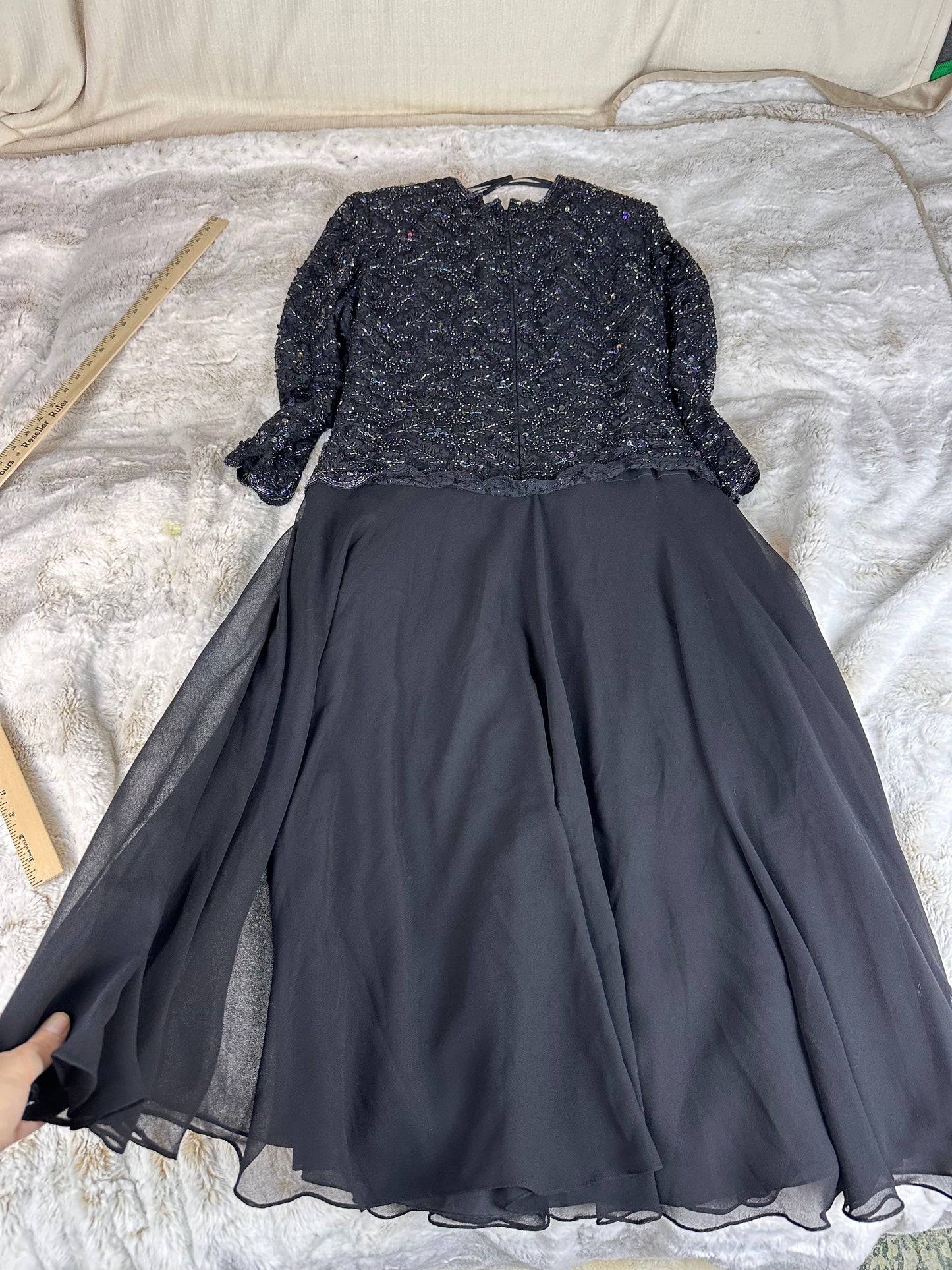 Vintage Beaded Black Formal Dress - Large
