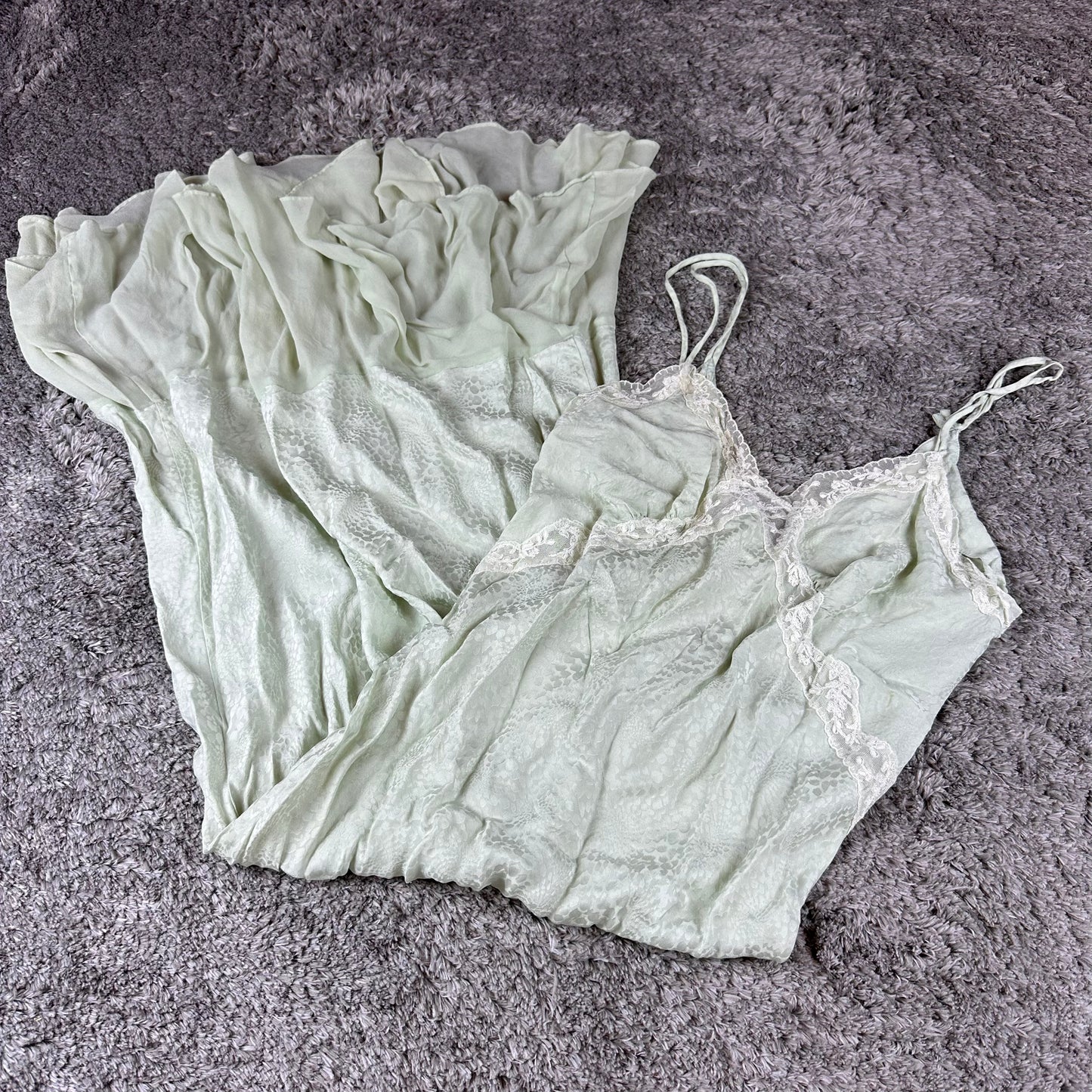 Vintage Silky Pastel Green Maxi Slip Dress with Lace Details