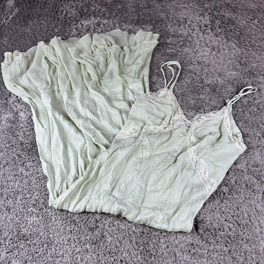 Vintage Silky Pastel Green Maxi Slip Dress with Lace Details