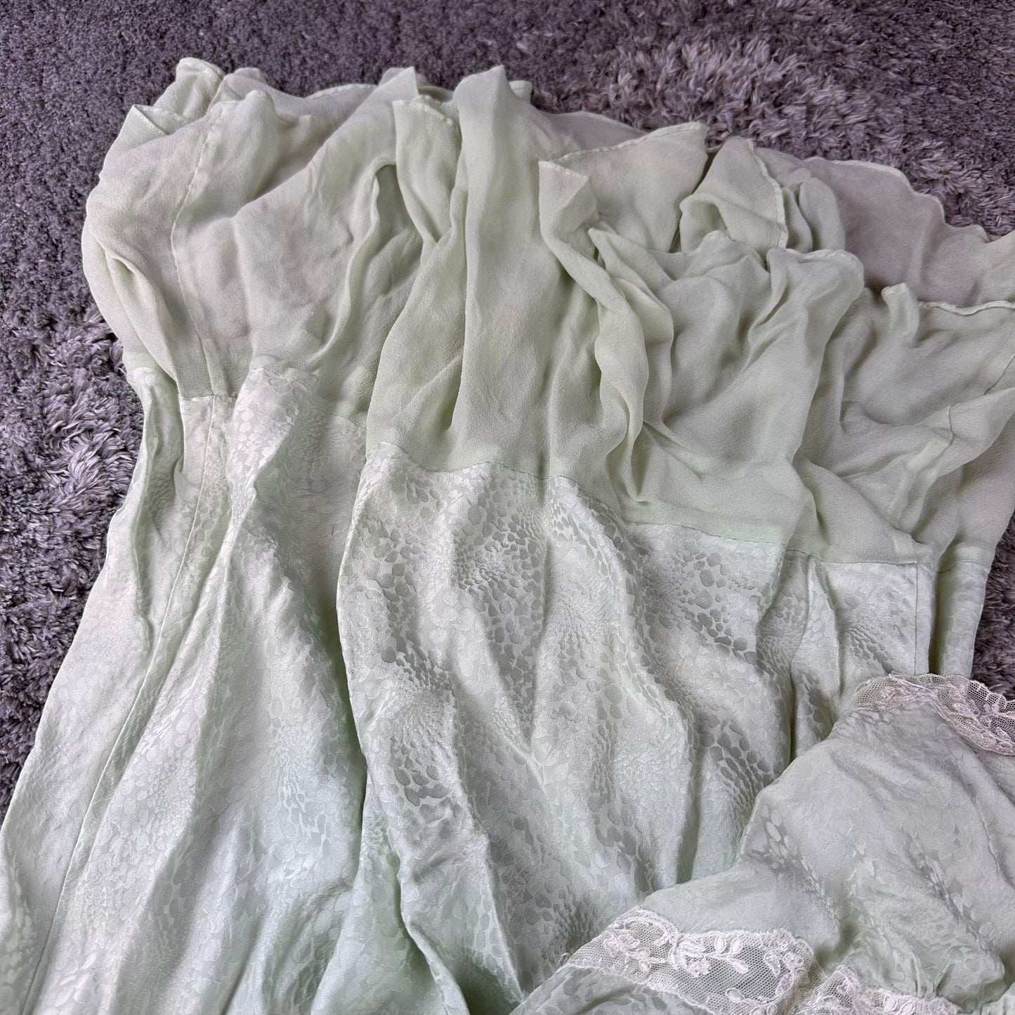 Vintage Silky Pastel Green Maxi Slip Dress with Lace Details