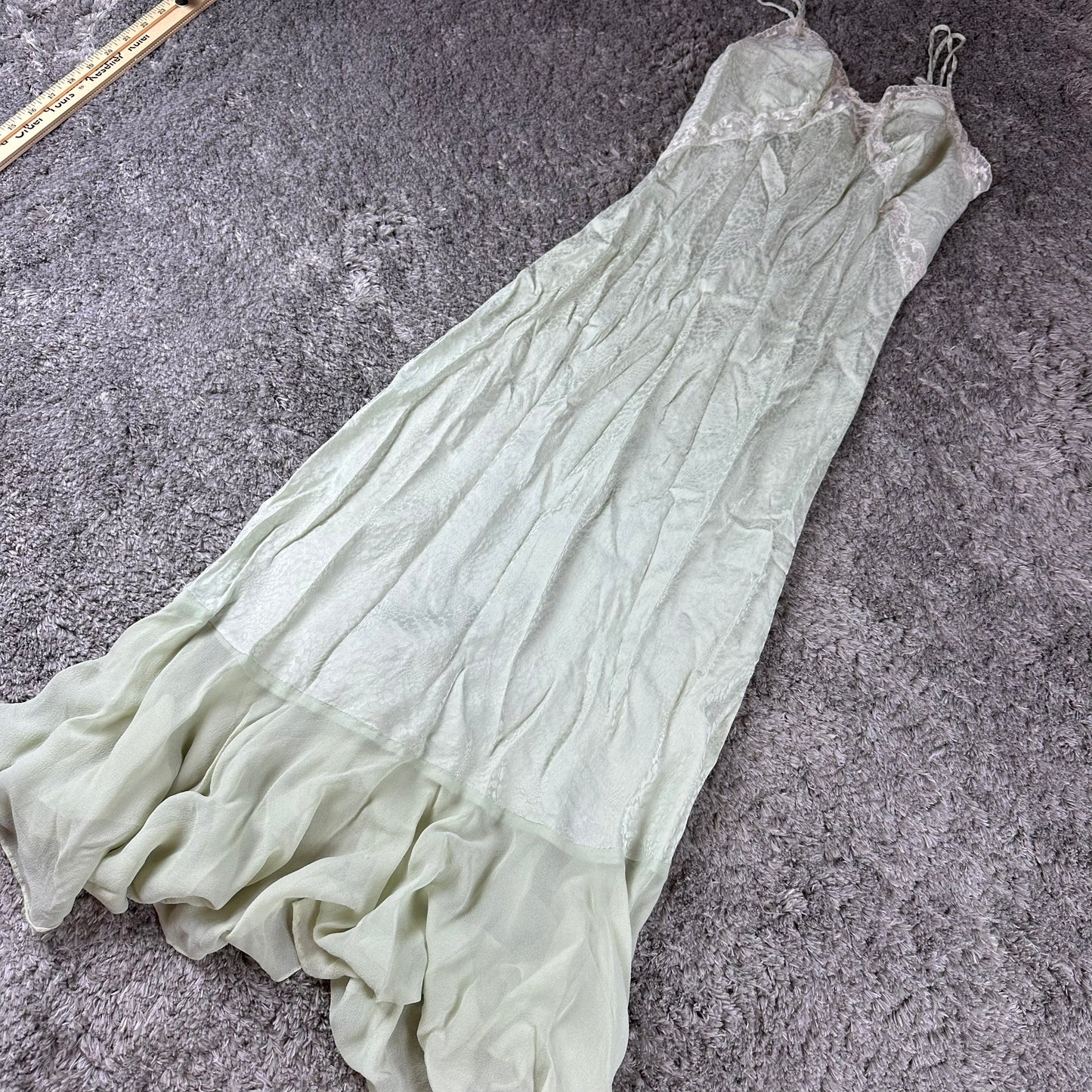 Vintage Silky Pastel Green Maxi Slip Dress with Lace Details