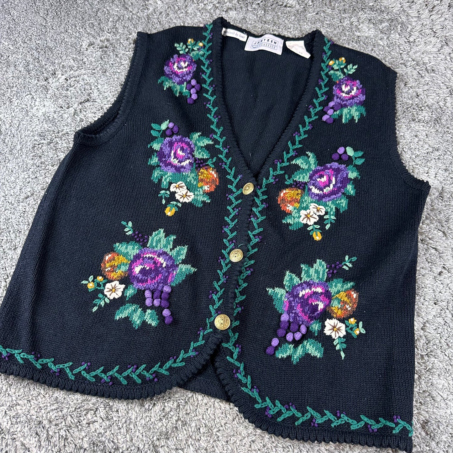 Vintage Hand Embroidered Knit Sweater Vest // XL